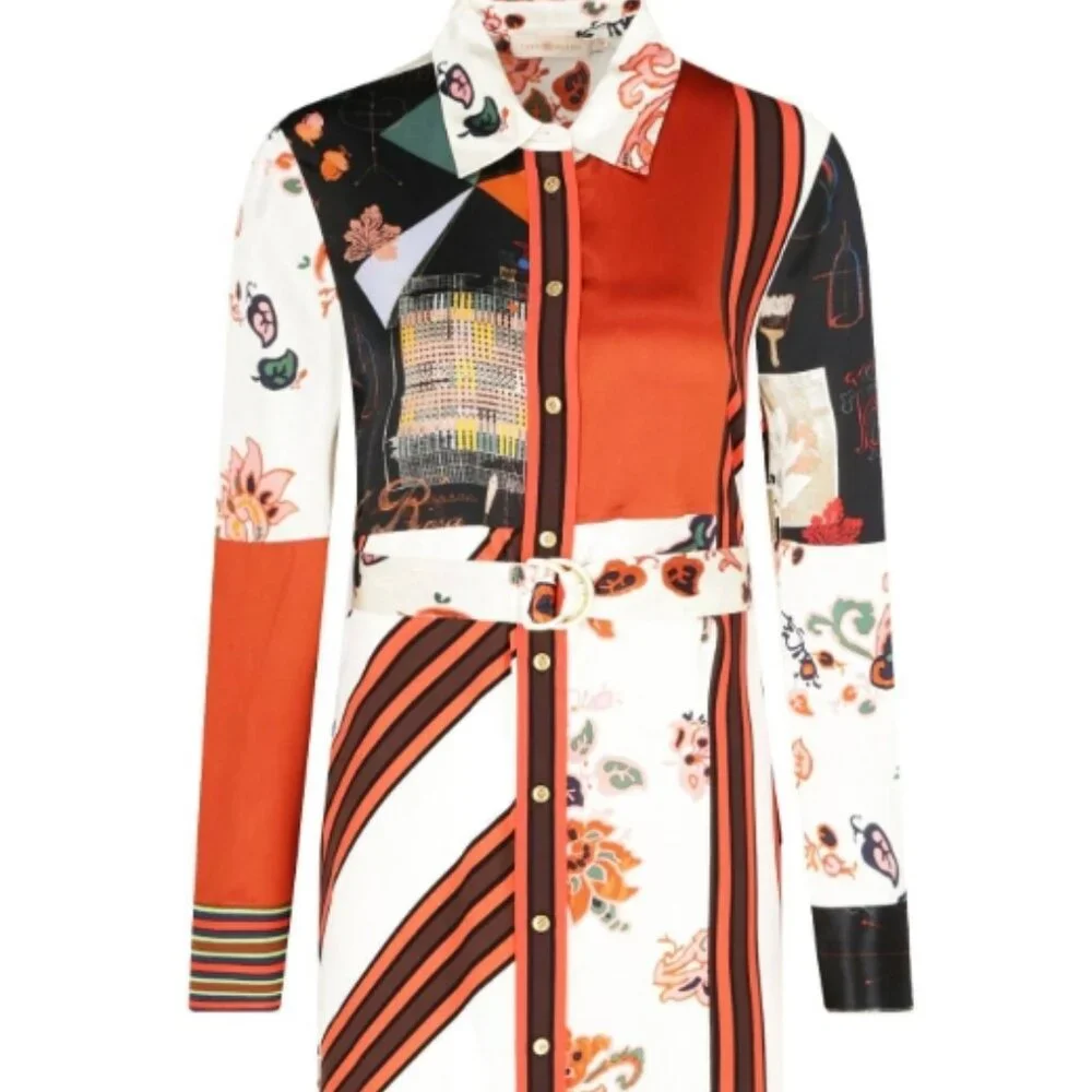 NWOT Tory Burch Printed Patchwork Silk-blend Shirt Midi Dress XS $628